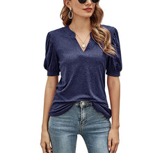 Afbeelding in Gallery-weergave laden, Casual los T-shirt met v-hals in effen kleur en pofmouwen