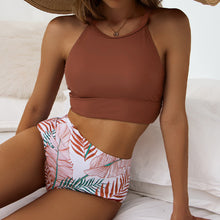 Afbeelding in Gallery-weergave laden, Hoge taille bikini met kleurvlakken en bladprint