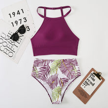 Afbeelding in Gallery-weergave laden, Hoge taille bikini met kleurvlakken en bladprint