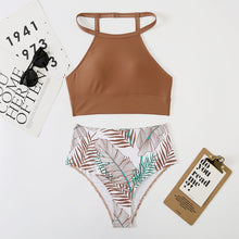 Afbeelding in Gallery-weergave laden, Hoge taille bikini met kleurvlakken en bladprint