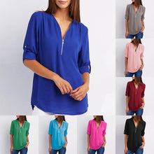 Afbeelding in Gallery-weergave laden, V-hals Rits Patchwork Effen blouses