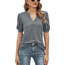 Afbeelding in Gallery-weergave laden, Casual los T-shirt met v-hals in effen kleur en pofmouwen