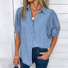 Afbeelding in Gallery-weergave laden, Light Blue Button Half Sleeve Shirt Collar Blouse