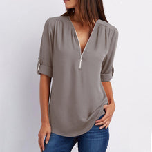 Afbeelding in Gallery-weergave laden, V-hals Rits Patchwork Effen blouses