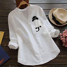 Afbeelding in Gallery-weergave laden, Blouse met V-hals van katoen en kattenprint met lange mouwen