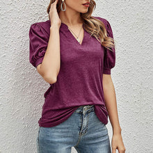 Afbeelding in Gallery-weergave laden, Casual los T-shirt met v-hals in effen kleur en pofmouwen