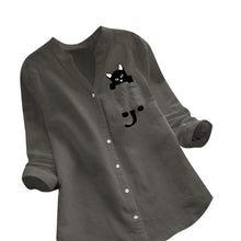 Afbeelding in Gallery-weergave laden, Blouse met V-hals van katoen en kattenprint met lange mouwen