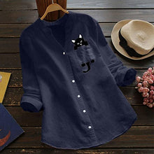 Afbeelding in Gallery-weergave laden, Blouse met V-hals van katoen en kattenprint met lange mouwen