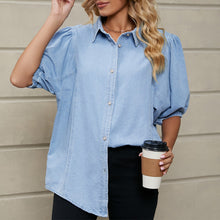 Afbeelding in Gallery-weergave laden, Light Blue Button Half Sleeve Shirt Collar Blouse