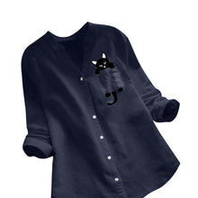 Afbeelding in Gallery-weergave laden, Blouse met V-hals van katoen en kattenprint met lange mouwen