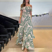 Afbeelding in Gallery-weergave laden, Plant Smiles bedrukte off-shoulder maxi-jurk met elastische taille