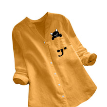 Afbeelding in Gallery-weergave laden, Blouse met V-hals van katoen en kattenprint met lange mouwen