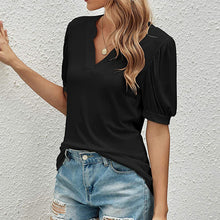 Afbeelding in Gallery-weergave laden, Casual los T-shirt met v-hals in effen kleur en pofmouwen