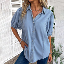 Afbeelding in Gallery-weergave laden, Light Blue Button Half Sleeve Shirt Collar Blouse