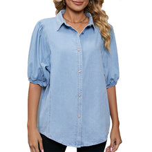Afbeelding in Gallery-weergave laden, Light Blue Button Half Sleeve Shirt Collar Blouse