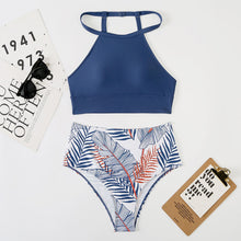 Afbeelding in Gallery-weergave laden, Hoge taille bikini met kleurvlakken en bladprint
