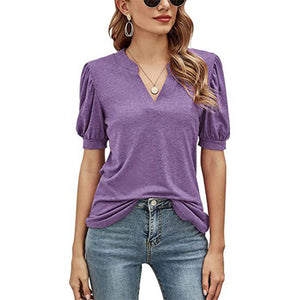 Casual los T-shirt met v-hals in effen kleur en pofmouwen