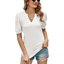 Afbeelding in Gallery-weergave laden, Casual los T-shirt met v-hals in effen kleur en pofmouwen
