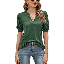 Afbeelding in Gallery-weergave laden, Casual los T-shirt met v-hals in effen kleur en pofmouwen
