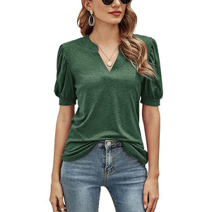 Casual los T-shirt met v-hals in effen kleur en pofmouwen