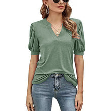 Afbeelding in Gallery-weergave laden, Casual los T-shirt met v-hals in effen kleur en pofmouwen
