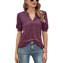 Afbeelding in Gallery-weergave laden, Casual los T-shirt met v-hals in effen kleur en pofmouwen

