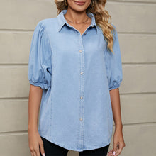 Afbeelding in Gallery-weergave laden, Light Blue Button Half Sleeve Shirt Collar Blouse
