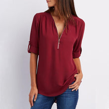 Afbeelding in Gallery-weergave laden, V-hals Rits Patchwork Effen blouses
