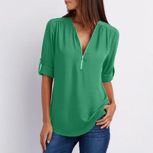 Afbeelding in Gallery-weergave laden, V-hals Rits Patchwork Effen blouses
