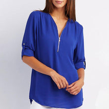 Afbeelding in Gallery-weergave laden, V-hals Rits Patchwork Effen blouses
