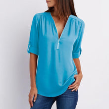 Afbeelding in Gallery-weergave laden, V-hals Rits Patchwork Effen blouses
