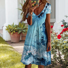 Afbeelding in Gallery-weergave laden, Mini-jurk met V-hals en blauwe print
