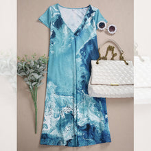 Afbeelding in Gallery-weergave laden, Mini-jurk met V-hals en blauwe print
