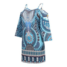 Afbeelding in Gallery-weergave laden, Blauwe jurk met koude schouderprint
