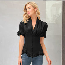 Afbeelding in Gallery-weergave laden, V-hals blouse met veters en korte mouwen
