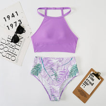 Afbeelding in Gallery-weergave laden, Hoge taille bikini met kleurvlakken en bladprint
