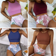 Afbeelding in Gallery-weergave laden, Hoge taille bikini met kleurvlakken en bladprint
