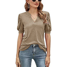Afbeelding in Gallery-weergave laden, Casual los T-shirt met v-hals in effen kleur en pofmouwen
