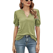 Afbeelding in Gallery-weergave laden, Casual los T-shirt met v-hals in effen kleur en pofmouwen
