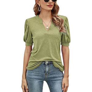 Casual los T-shirt met v-hals in effen kleur en pofmouwen
