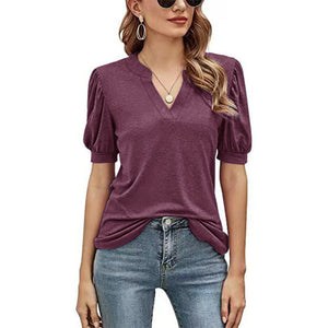 Casual los T-shirt met v-hals in effen kleur en pofmouwen