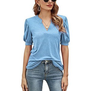 Casual los T-shirt met v-hals in effen kleur en pofmouwen