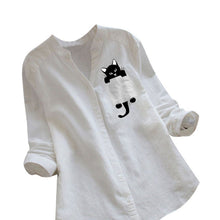 Afbeelding in Gallery-weergave laden, Blouse met V-hals van katoen en kattenprint met lange mouwen
