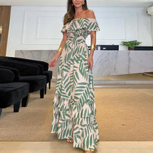 Afbeelding in Gallery-weergave laden, Plant Smiles bedrukte off-shoulder maxi-jurk met elastische taille
