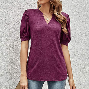 Casual los T-shirt met v-hals in effen kleur en pofmouwen