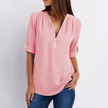 Afbeelding in Gallery-weergave laden, V-hals Rits Patchwork Effen blouses
