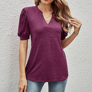 Casual los T-shirt met v-hals in effen kleur en pofmouwen