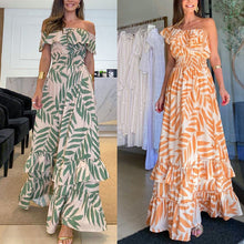 Afbeelding in Gallery-weergave laden, Plant Smiles bedrukte off-shoulder maxi-jurk met elastische taille
