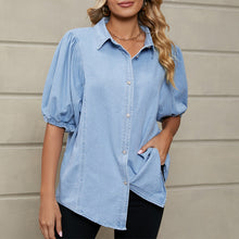Afbeelding in Gallery-weergave laden, Light Blue Button Half Sleeve Shirt Collar Blouse
