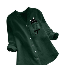 Afbeelding in Gallery-weergave laden, Blouse met V-hals van katoen en kattenprint met lange mouwen
